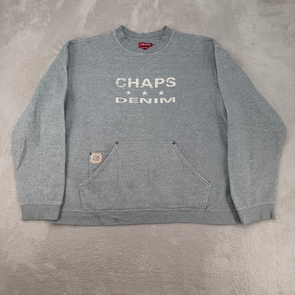 Vintage 90s Chaps Denim Sweatshirt Mens XL Gray Pullover Graphic Spellout Pocket